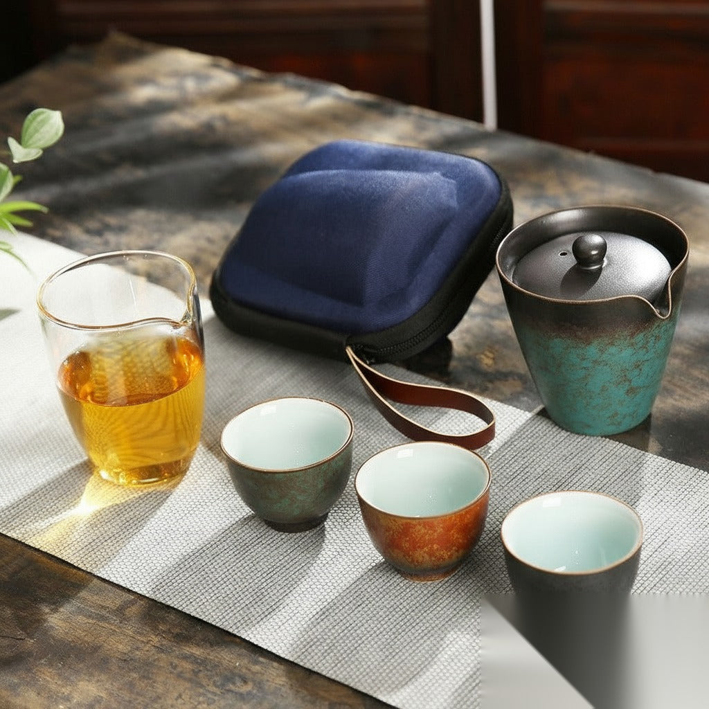 Service à thé japonais portable en céramique « Noisette »