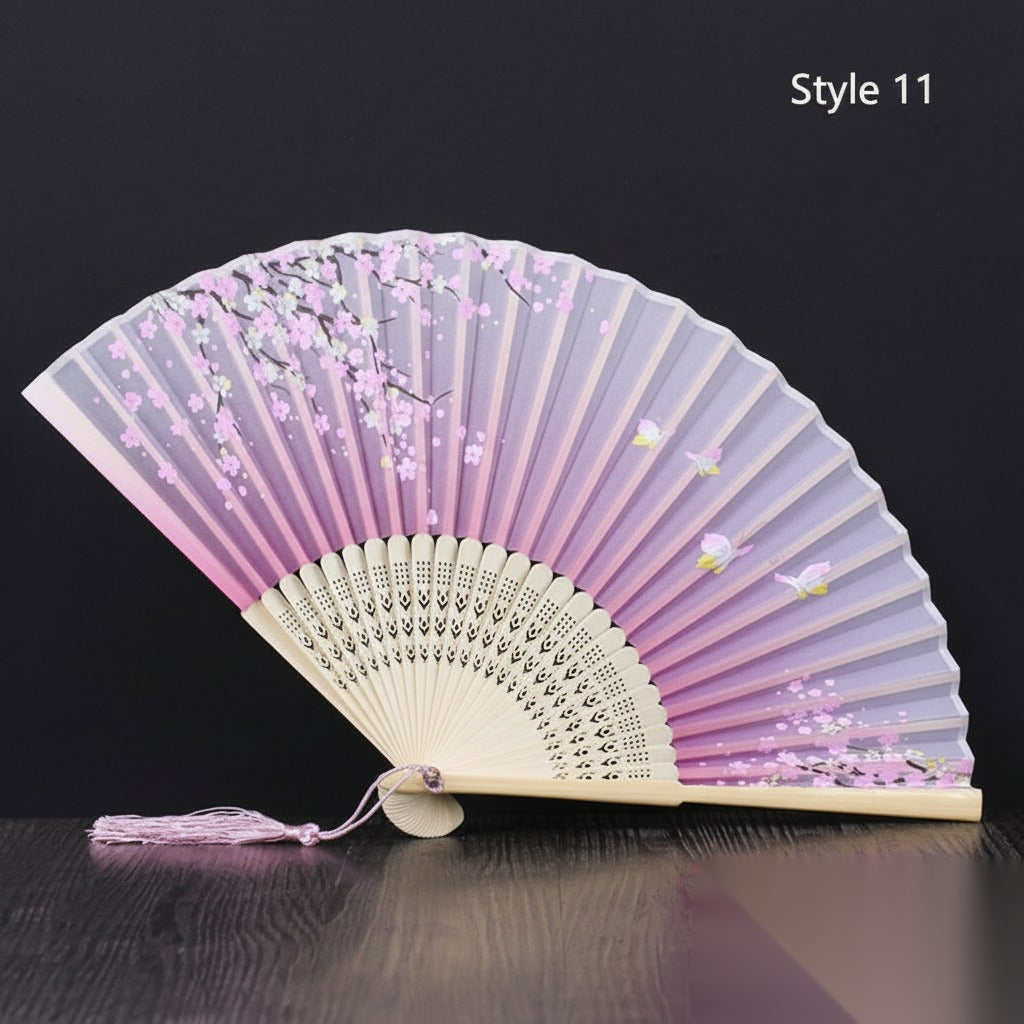 Eventail japonais en bambou et satin (14 couleurs) « Lavande »