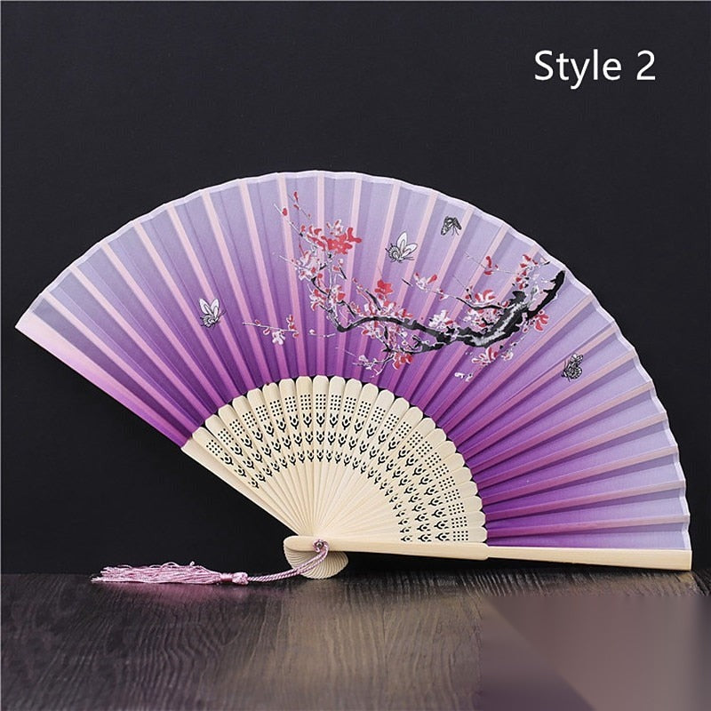 Eventail japonais en bambou et satin (14 couleurs) « Lavande »