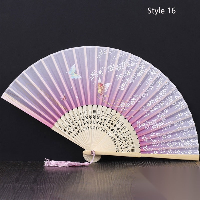 Eventail japonais en bambou et satin (14 couleurs) « Lavande »