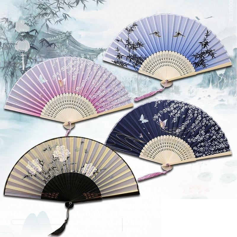 Eventail japonais en bambou et satin (14 couleurs) « Lavande »